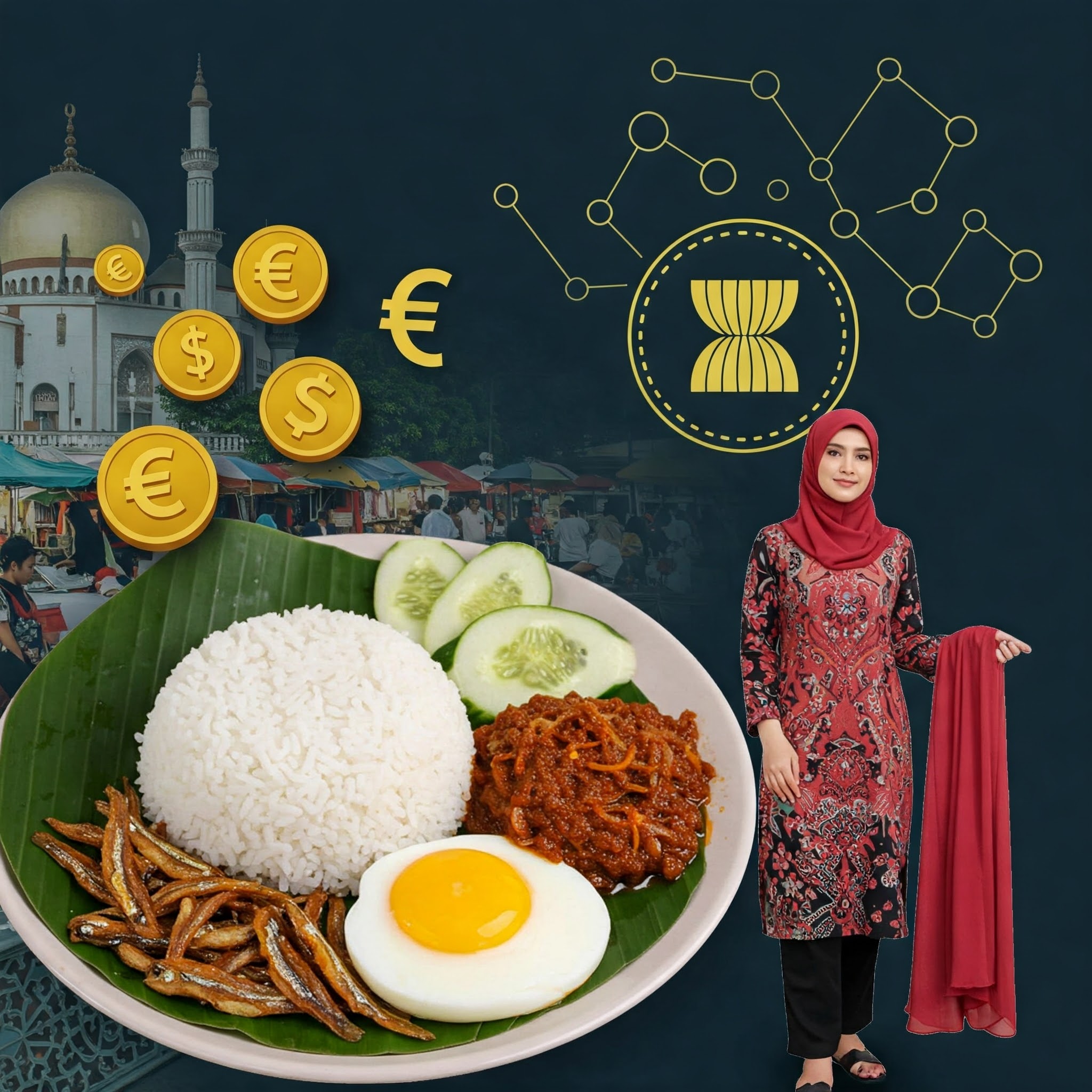 Halal Food: A visually appealing, high-quality dish like Nasi Lemak (Malaysia), Rendang (Indonesia), or Pad Thai (Thailand), highlighting diverse culinary traditions. Islamic Finance: Subtle imagery suggesting growth (e.g., abstract graphics, stylized currency symbols) with a touch of gold/green for wealth and prosperity. Halal Certification: A prominent, stylized Halal logo or seal (recognizable worldwide). Halal Tourism: A captivating travel scene – a serene mosque, a vibrant market, or a beach resort - hinting at tourism opportunities. Modest Fashion: A detail shot of elegant, contemporary modest clothing (hijab, abaya, etc.) with vibrant colors and luxurious textures.