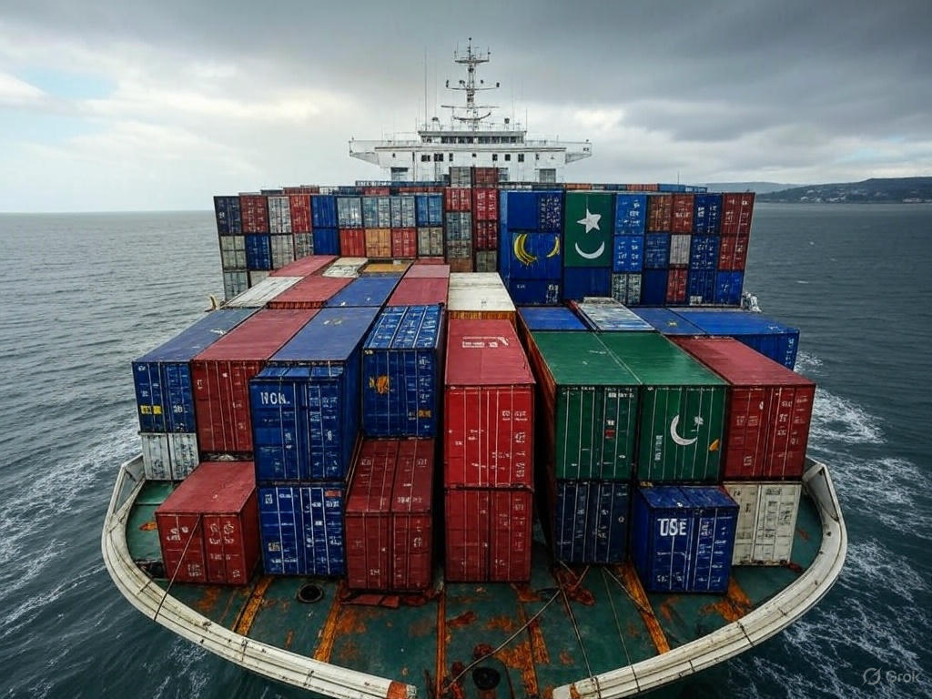 A photorealistic image depicting a large cargo ship sailing on slightly turbulent seas under a cloudy sky. The ship carries containers and subtly features flags of the USA, Malaysia, and Pakistan. In the distance, approaching the US coastline, a semi-transparent, imposing toll gate or barrier labeled 'IMPORT TARIFFS' looms, symbolizing the obstacle to global halal trade.