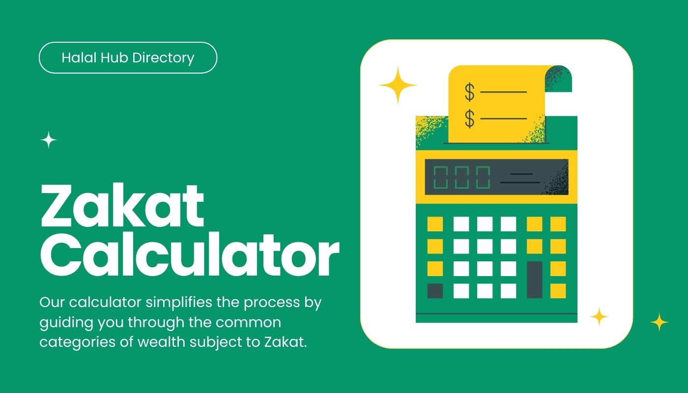 Illustration of assets for Zakat calculation: gold bars, silver coins, cash, stock certificates around a calculator