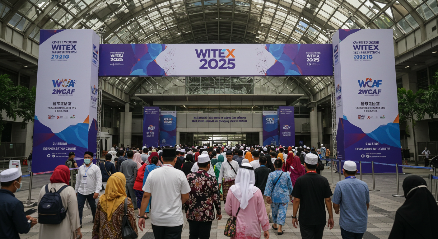 Generate an image of the Kuala Lumpur Convention Centre with large banners displaying 'WITEX 2025' and 'WCAF', surrounded by a diverse crowd of people from different cultures, some in traditional Islamic attire, entering the venue. The scene should convey a sense of excitement and global participation in the event.