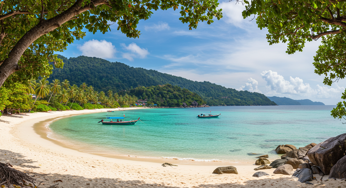 A stunning landscape image of a Malaysian tourist attraction, such as the beaches of Langkawi, representing the natural beauty featured in Halal tour packages.