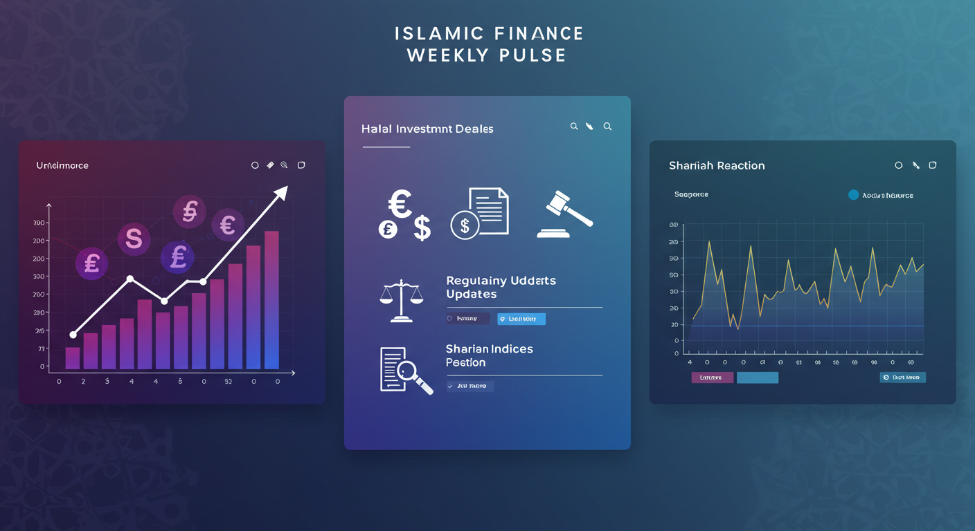 A sleek, modern digital dashboard interface titled 'Islamic Finance Weekly Pulse'. Panels display: 1) A vibrant upward trending graph labeled 'Halal Investment Deals' with icons like a handshake and currency symbols. 2) A section featuring legal symbols like a gavel and an official document icon labeled 'Regulatory Updates'. 3) A fluctuating stock market ticker graph labeled 'Shariah Indices Reaction'. Subtle Islamic geometric patterns subtly integrated into the background. Professional, clean, data-visualization aesthetic.