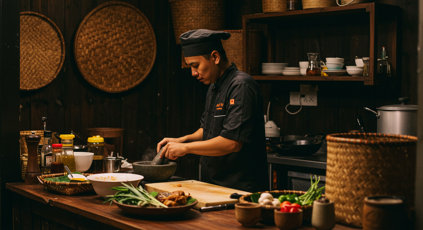 A candid scene of a Malaysian chef preparing a traditional Halal dish in a kitchen. The chef should be focused on cooking, with ingredients like spices, fresh herbs, and local produce visible on the counter. Include cooking utensils like a mortar and pestle or a wok to emphasize authenticity. The background can feature elements of a traditional Malaysian kitchen, such as woven baskets or wooden shelves, to add cultural depth. Style: Authentic and warm, with a focus on the process of cooking and cultural heritage. Mood: Inviting and intimate, showcasing the passion and tradition behind Malaysian cuisine.