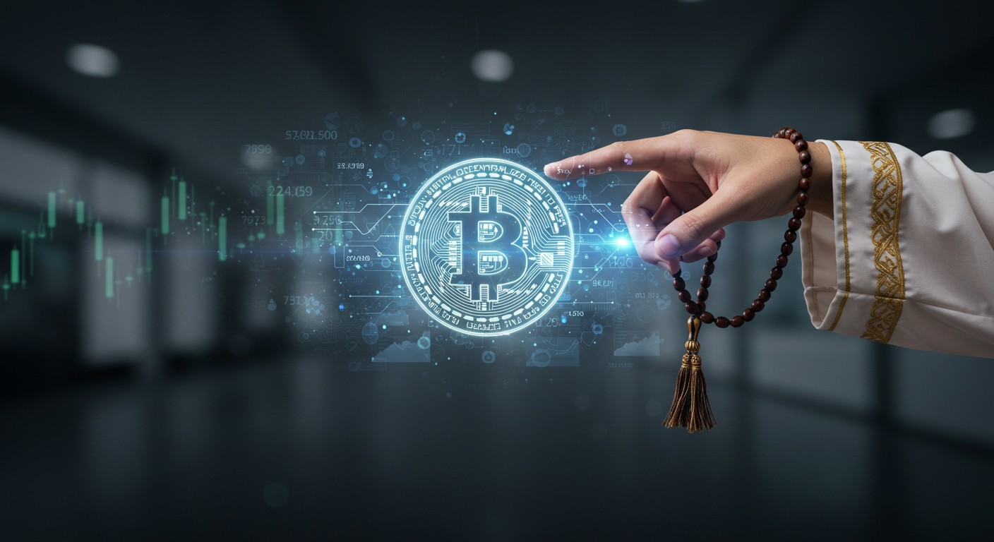 An image showing a hand, perhaps wearing traditional attire or holding prayer beads (tasbih), interacting with a glowing, ethereal representation of the Bitcoin symbol or blockchain technology. The background could be a modern, clean financial setting or a digital interface. This prompt aims to represent the ethical and spiritual guidance meeting the digital realm, symbolizing the Shariah compliance aspect of the investment.