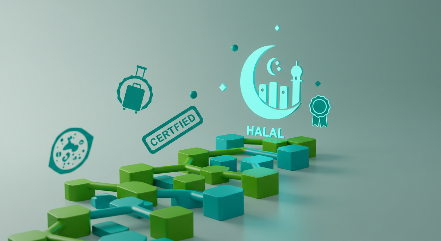 Abstract digital art depicting a stylized pathway made of interconnected green and teal geometric shapes, resembling both training certificates and traditional Islamic patterns. The path winds upwards towards a glowing, stylized icon combining a crescent moon and a hotel symbol, representing Halal hospitality. Floating icons of luggage and a 'certified' stamp drift alongside the path. Atmosphere is bright, clean, and focused on growth.