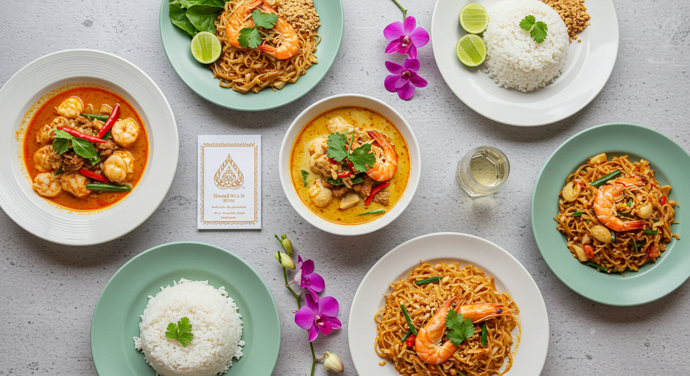 A vibrant, top-down flat lay photograph of beautifully presented Halal Thai dishes (e.g., Tom Yum, Green Curry, Pad Thai) on a clean table setting. Include elements like Thai silks or orchids. Prominently placed near the dishes is an official, recognizable. Focus on the appealing food and the clear Halal assurance. Food photography style, high detail.