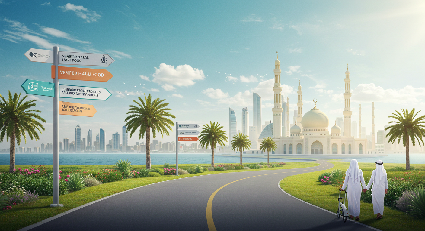 Stylized digital illustration depicting a clear, winding road or path leading towards a welcoming destination skyline that blends modern and traditional Islamic architecture. Along the path stand clean, modern signposts labeled 'Verified Halal Food', 'Dedicated Prayer Facilities', 'Assured Privacy Standards'. Sunny, optimistic lighting, conveying ease and guidance on the journey.