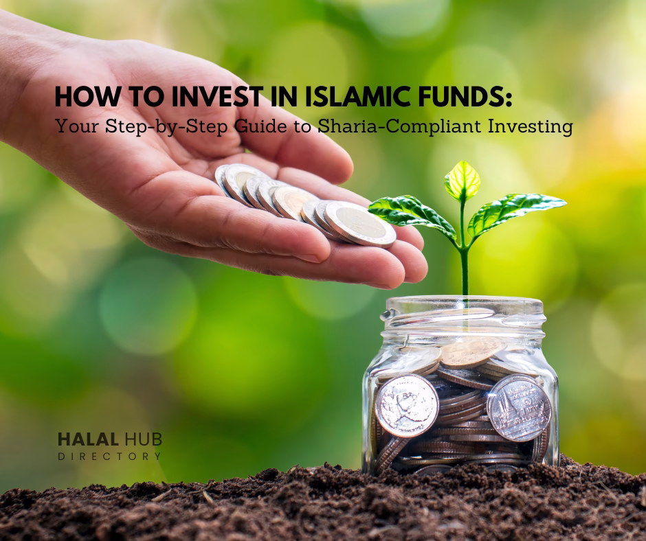 Illustration depicting a hand holding coins, symbolizing investment, with Islamic architectural elements in the background, representing Sharia-compliant finance.